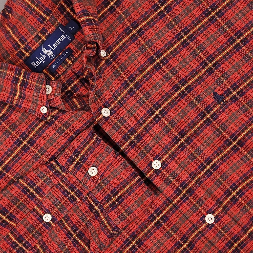 Vintage Ralph Lauren Shirt Mens Large Red Plaid Button Down Long Sleeve Pony 80s